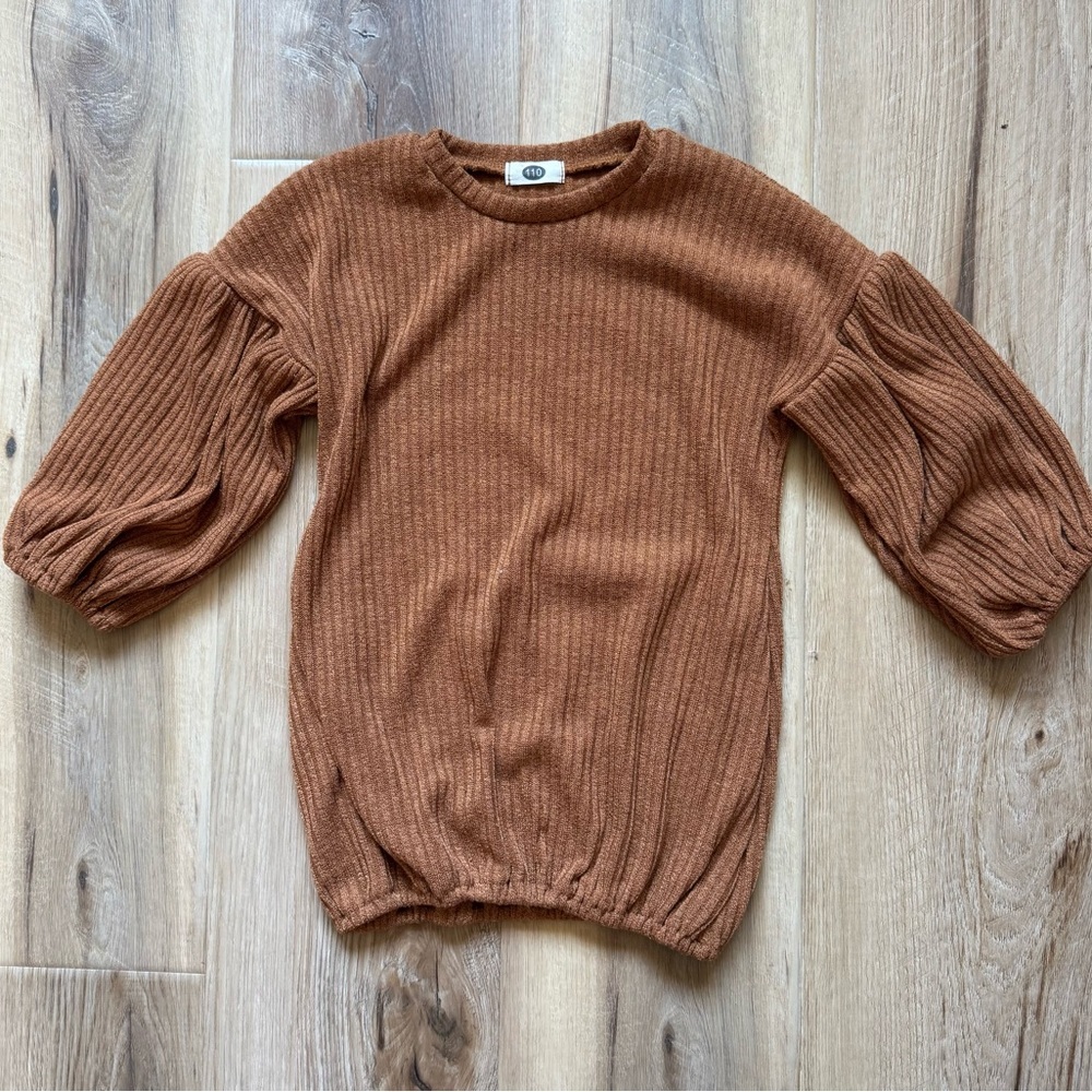 Brown Ribbed Sweater with Balloon Sleeves